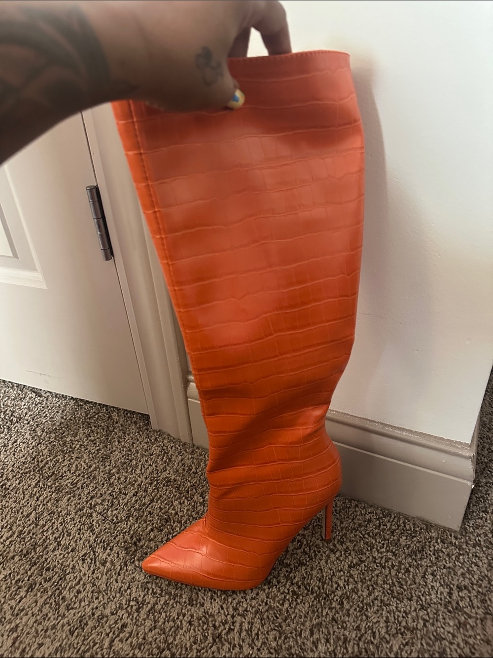 Over-the-Knee Croc-Embossed Pointed Toe Boots in Orange - Picture 3 of 3